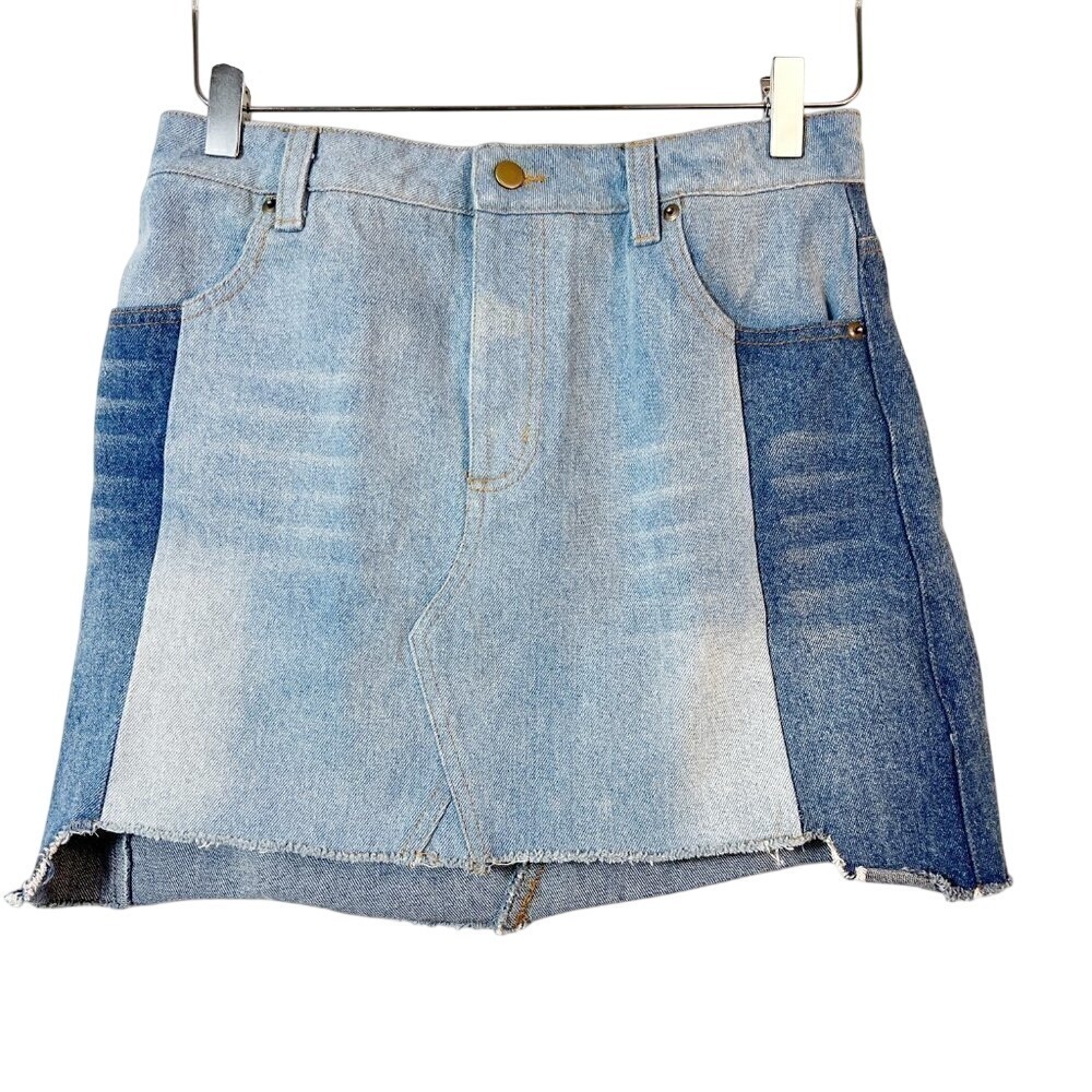 Wild Honey Blue Two Tone Color Block Step Hem Denim Mini Skirt Size M